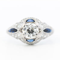 1ct Round Diamond Plat Vintage Halo Ring with Sapphire & Diamond accent