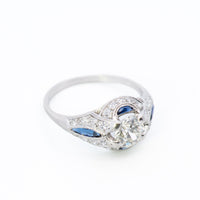 1ct Round Diamond Plat Vintage Halo Ring with Sapphire & Diamond accent