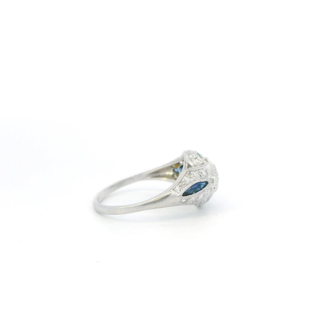 1ct Round Diamond Plat Vintage Halo Ring with Sapphire & Diamond accent