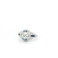 1ct Round Diamond Plat Vintage Halo Ring with Sapphire & Diamond accent