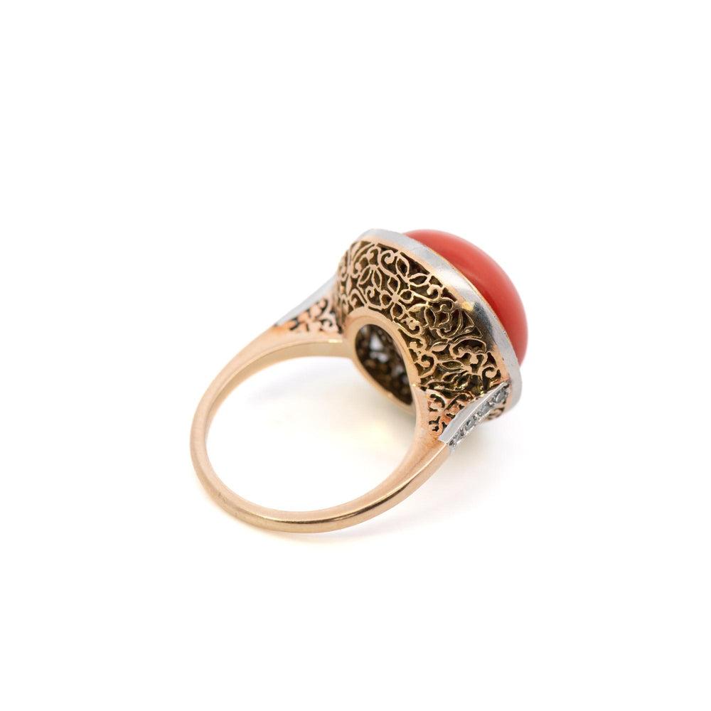 18k Yellow Gold Set Coral & Diamond Earrings and Ring
