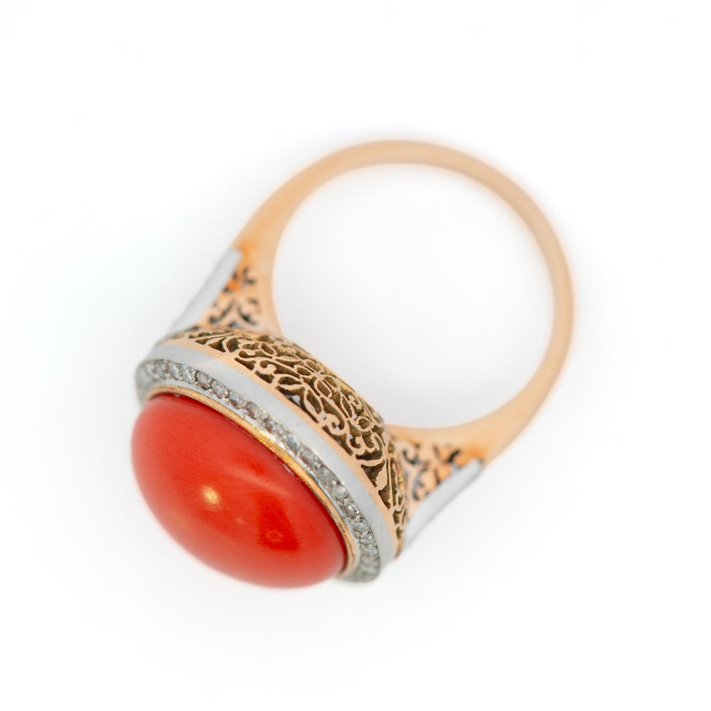 18k Yellow Gold Set Coral & Diamond Earrings and Ring