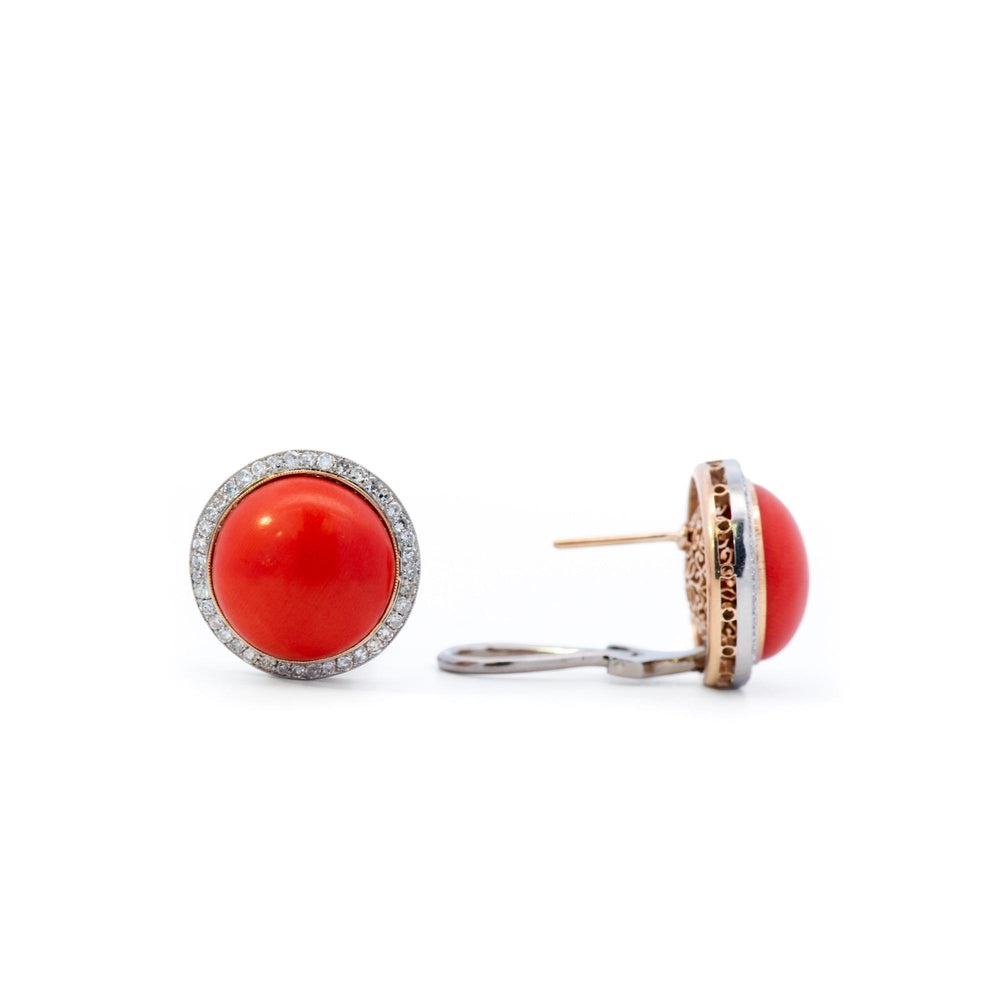 18k Yellow Gold Set Coral & Diamond Earrings and Ring