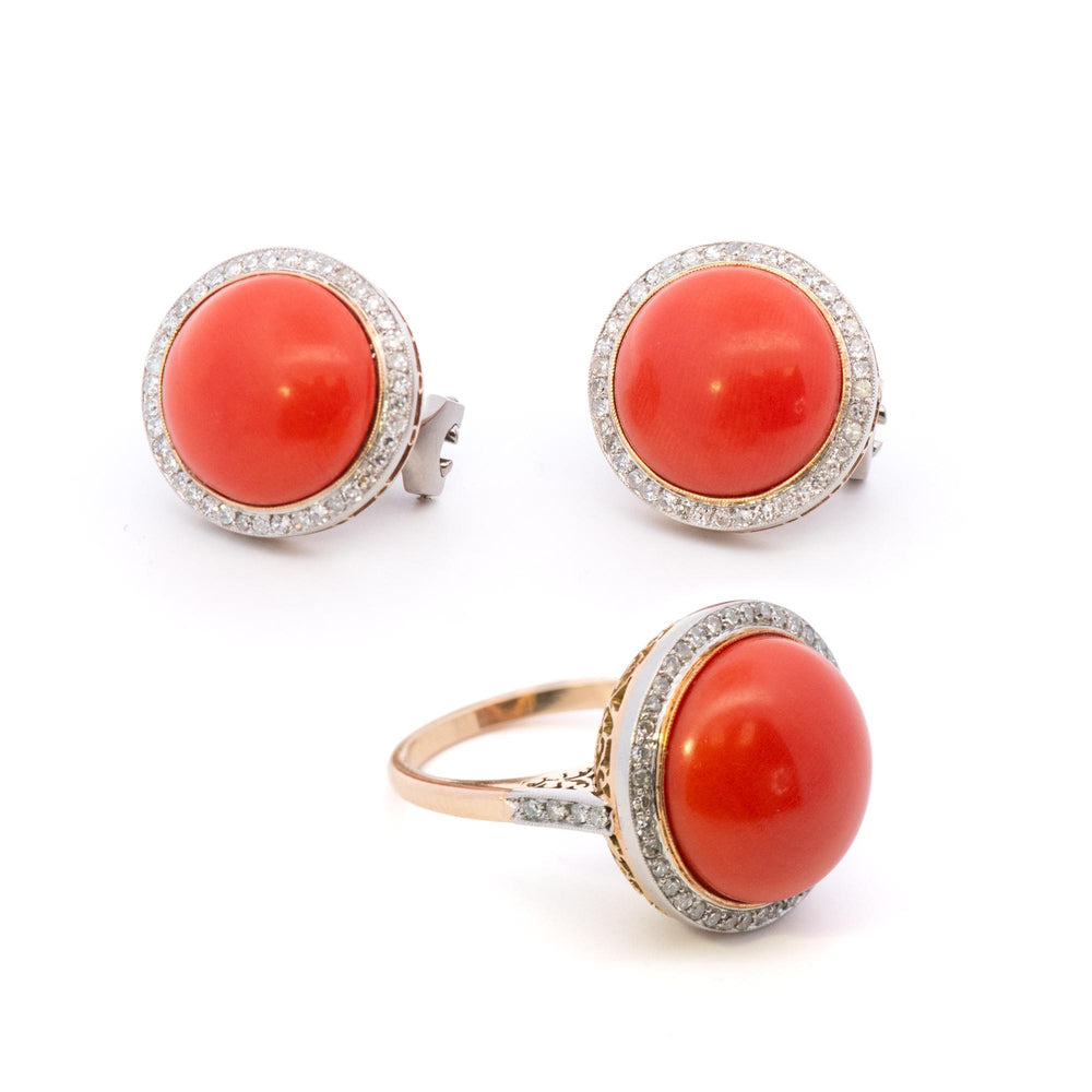 18k Yellow Gold Set Coral & Diamond Earrings and Ring