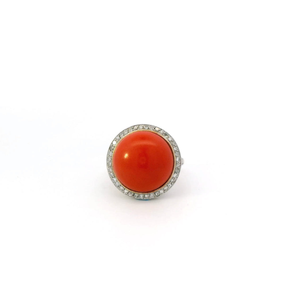 18k Yellow Gold Set Coral & Diamond Earrings and Ring
