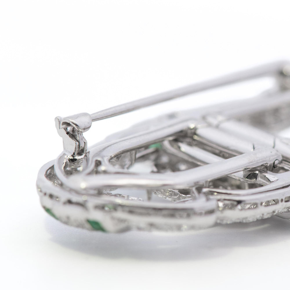 Platinum Vintage Art Deco Style Double Clip Diamond and Emerald Brooch