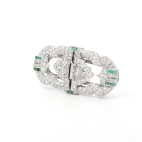Platinum Vintage Art Deco Style Double Clip Diamond and Emerald Brooch