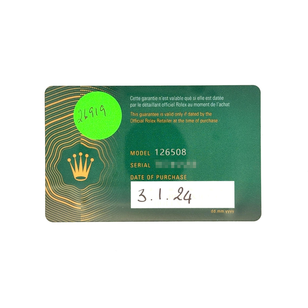 Rolex Daytona 40mm 18k YG 126508 card