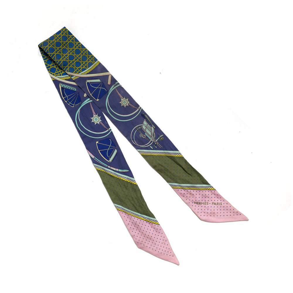 Hermes Twilly Silk Ribbon Scarf featuring a carriage motif