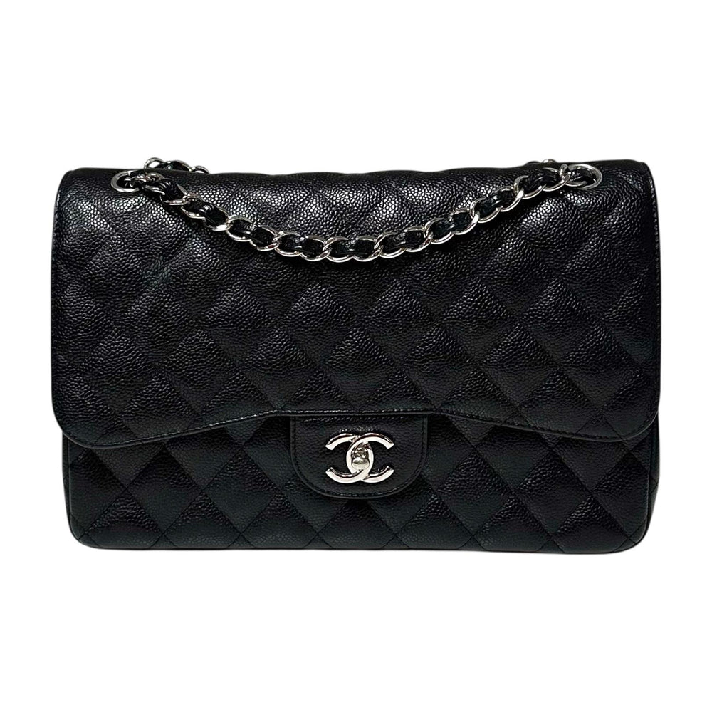 Chanel Black Caviar Jumbo Classic Double Flap Bag with Silver Hardware