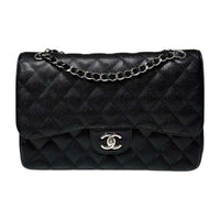 Chanel Black Caviar Jumbo Classic Double Flap Bag with Silver Hardware