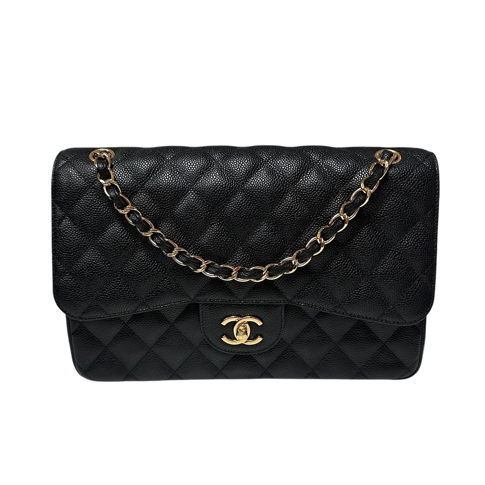 Chanel Black Caviar Classic Jumbo Double Flap Bag with Gold Hardware