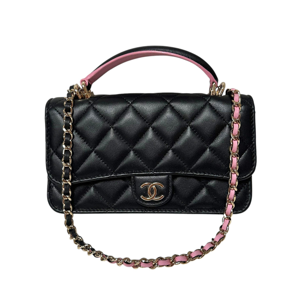Chanel Black/Pink Quilted Lambskin Phone Holder with Top Handle & Chain