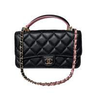 Chanel Black/Pink Quilted Lambskin Phone Holder with Top Handle & Chain