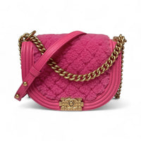 Chanel Fuchsia Pink Shearling Small Messenger Round Boy Bag with Gold Hardware