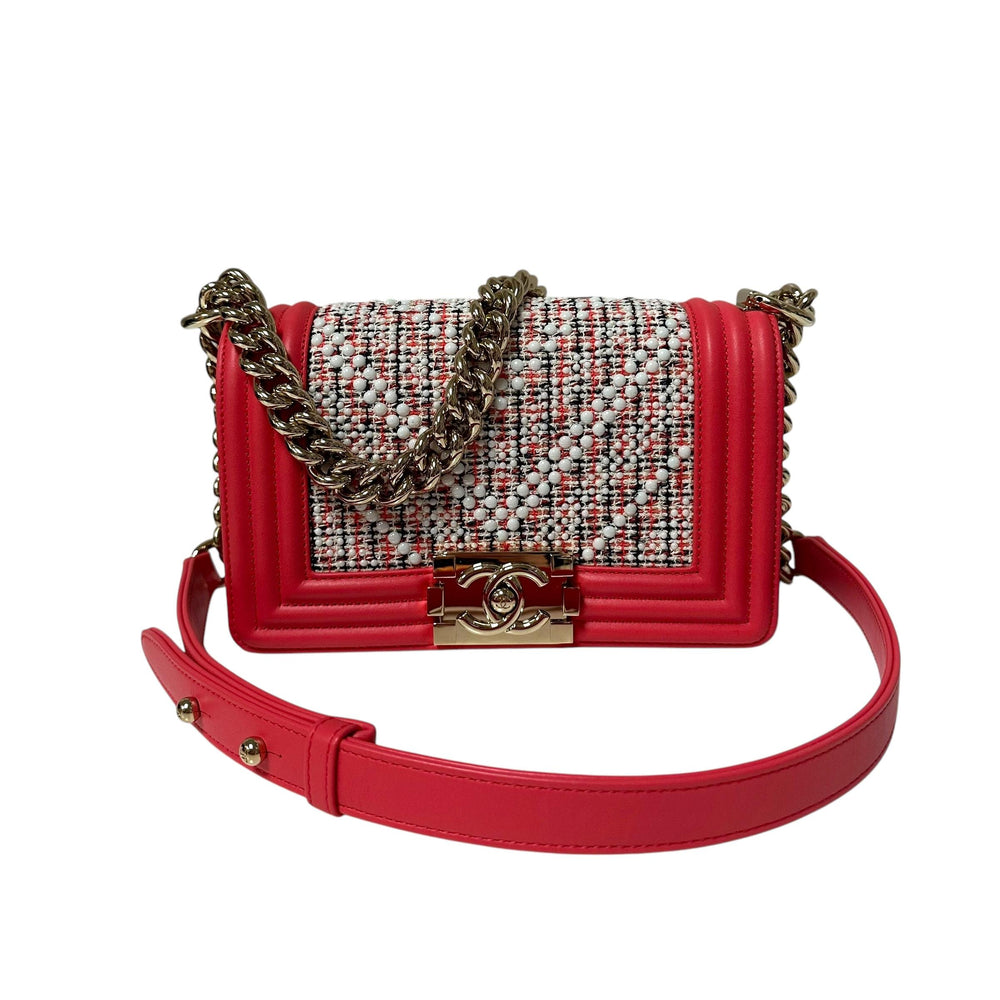 Chanel Small Boy Bag in Pink Lambskin Tweed Pearl Chevron