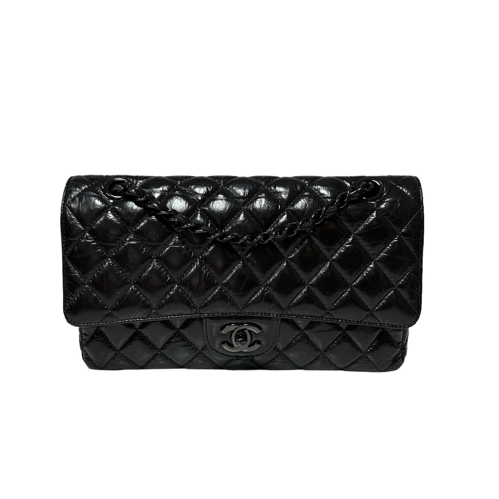 Chanel So Black Medium Double Flap Shoulder Bag in Crumpled Calfskin