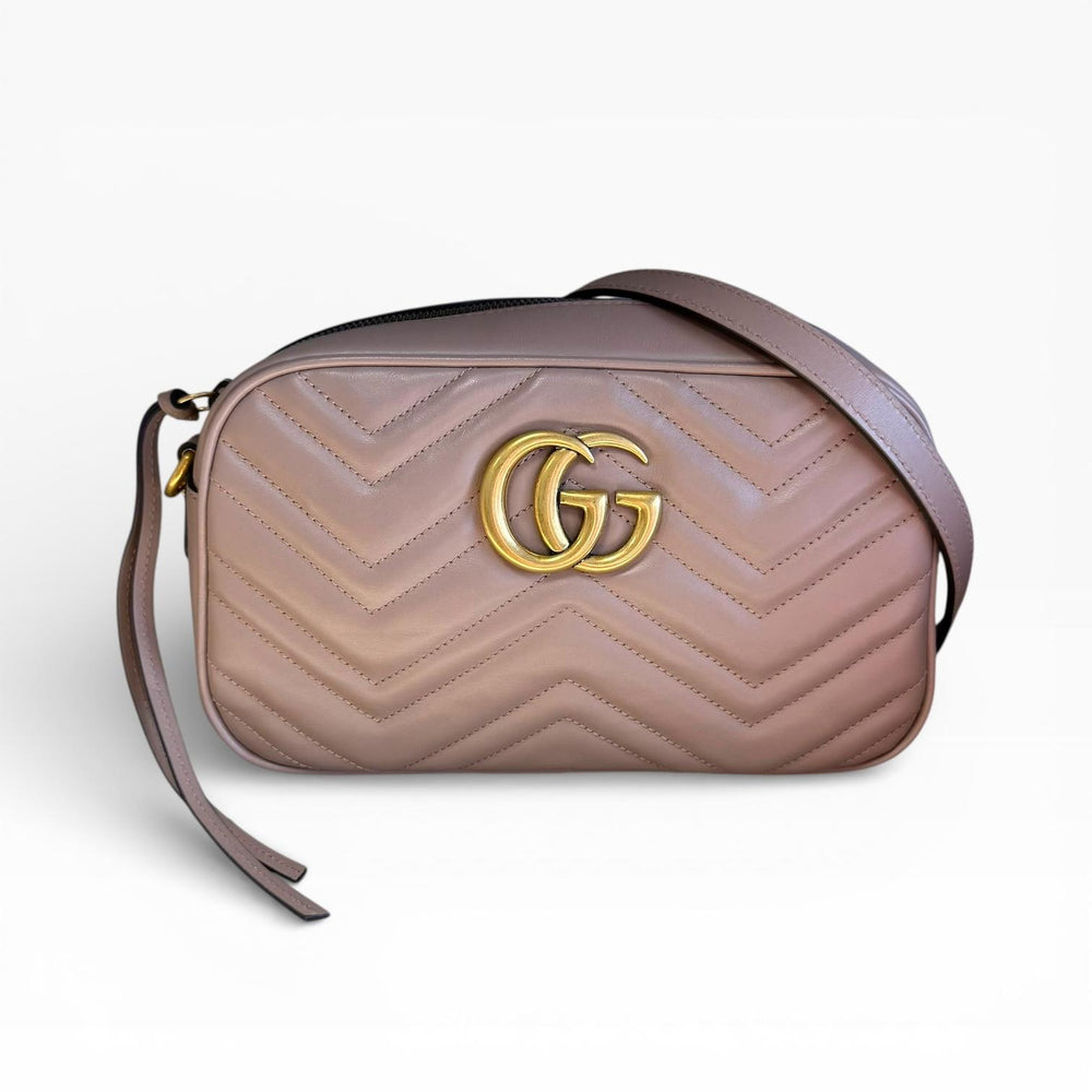 Gucci Beige Double G Marmont Small Leather Crossbody Bag with Gold Hardware
