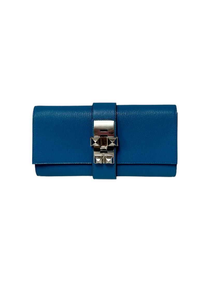 Hermes Blue Mysore Chevre Medor 23 Clutch