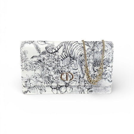 Christian Dior Caro Wallet on Chain in White & Black Toile de Jouy Leather