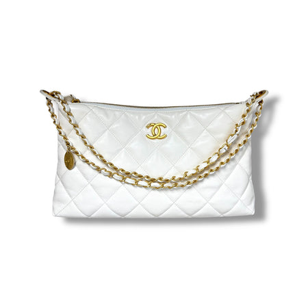 Chanel White Lambskin Quilted CC Hobo Bag