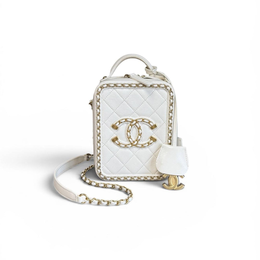 Chanel White Quilted CC North South Filigree Vanity Bag