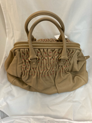 YSL Yves Saint Laurent Shoulder Bag Tan Leather with Ruched Detail in Red Thread 3