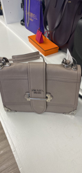 Prada Cahier Grey Calf Leather Silver Toned Hardware Iconic Flap with Front Closure Strap Leather Lining 3