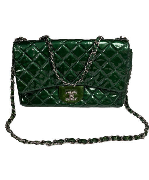 CHANEL Green Quilted Patent Leather Classic Jumbo Double Flap Bag 3