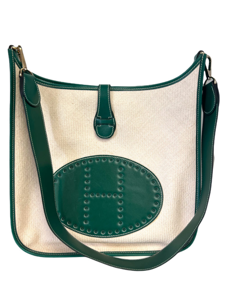 Hermes Vintage Toile Evelyne I Shoulder Bag Green Leather Beige Canvas May 1, 2024