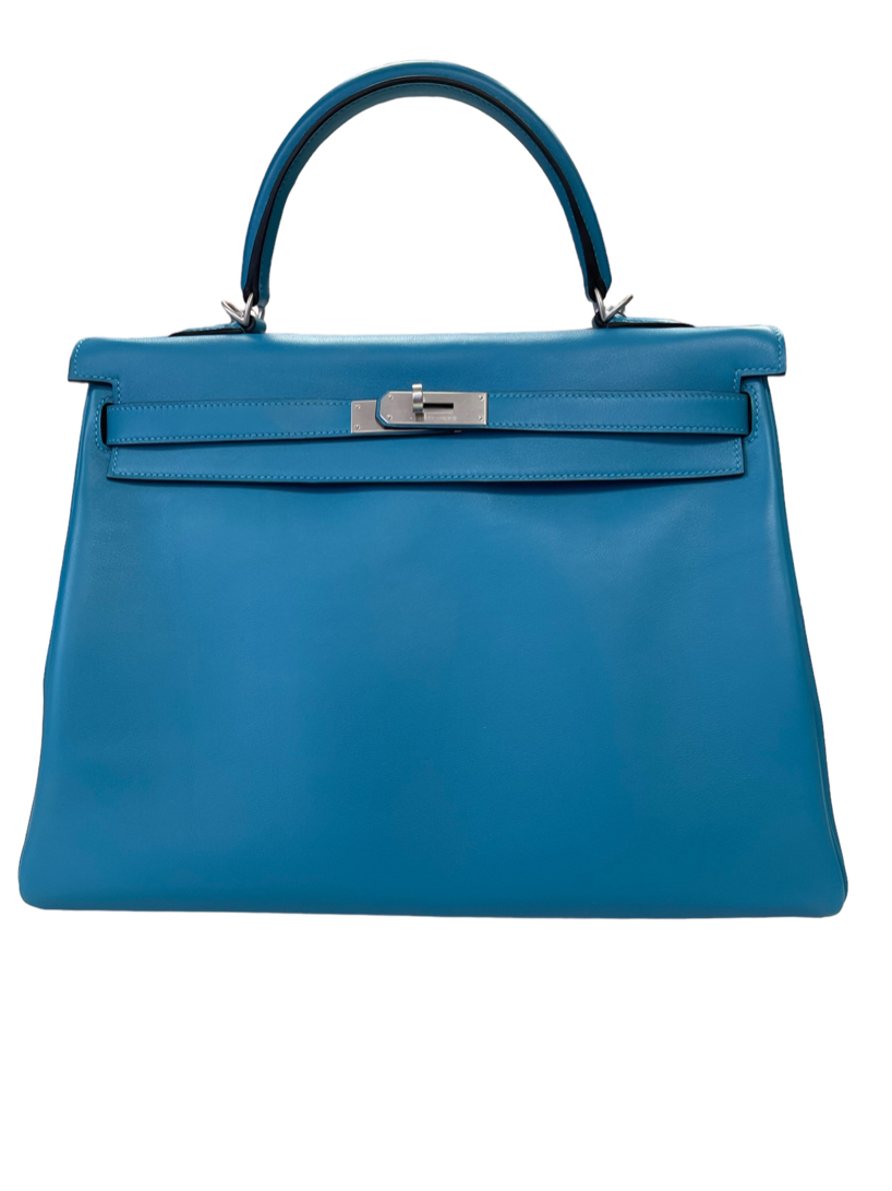 Hermès 2011 Horseshoe Stamp Kelly 35 Bleu du Nord Swift Leather Top Handle Bag 4