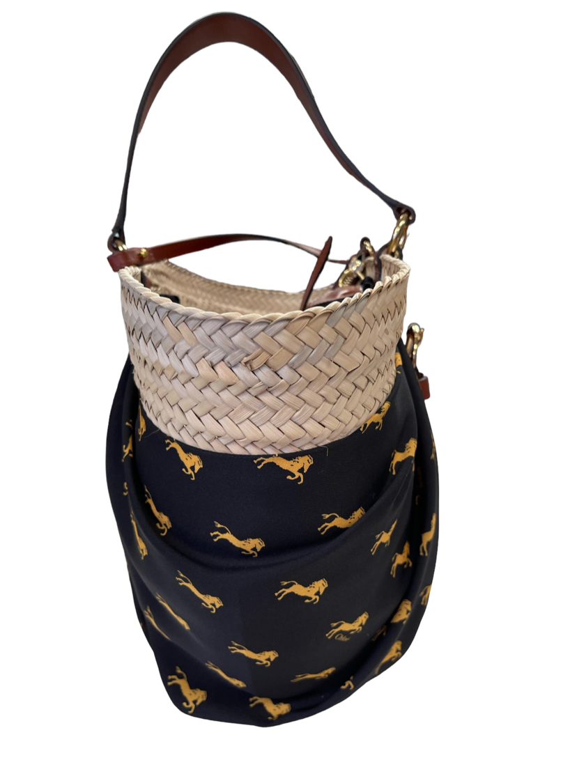 Chloe Raffia Medium Panier Basket Shoulder Bag Black/Yellow Printed with Pouch 4