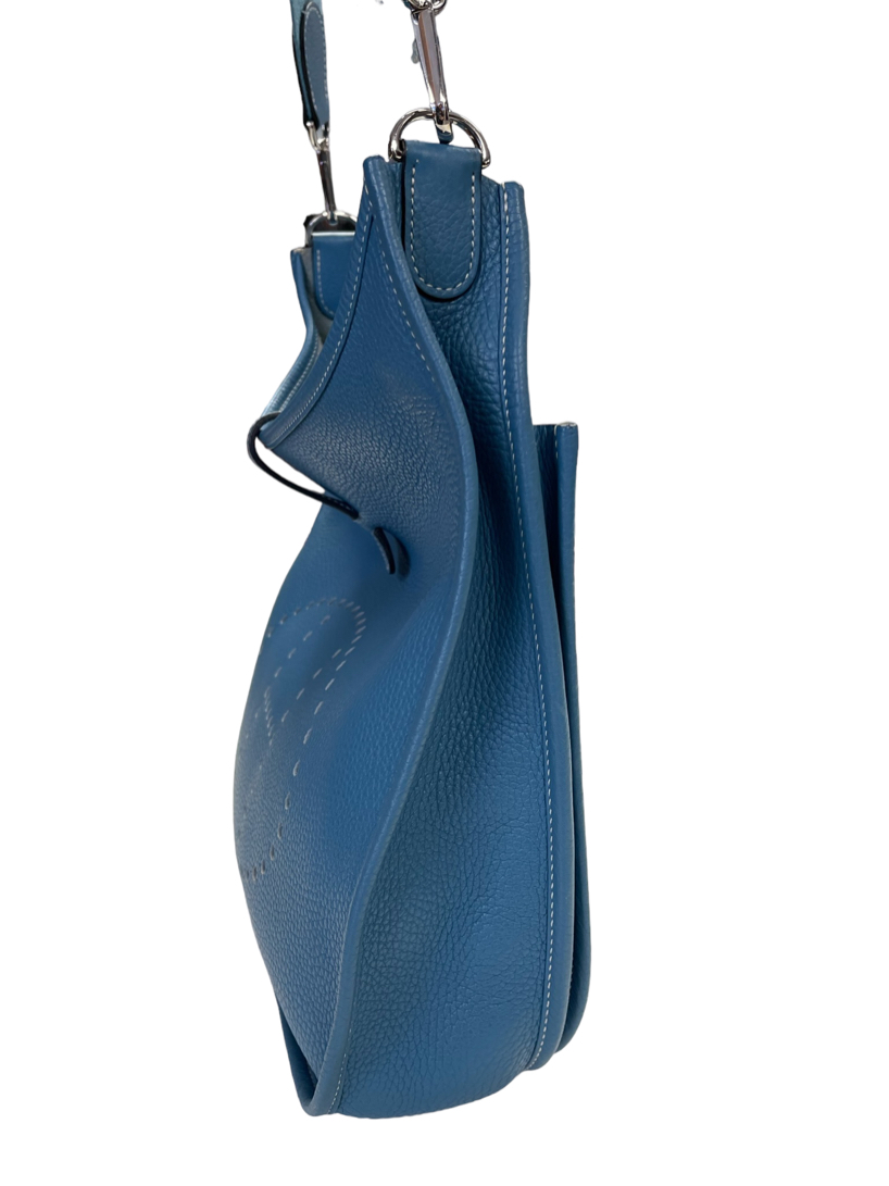 Used Blue Hermes Evelyne III 33 Bleu Jean Taurillon Clemence Single  Shoulder Strap Single Exterior Pocket Suede Lining Houston,TX
