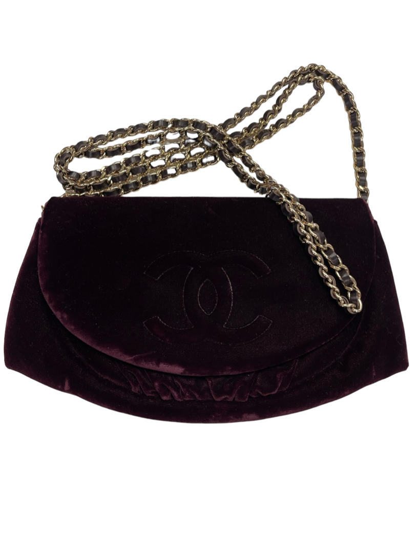 Used Burgundy Chanel Authentic Burgundy Velvet Half Moon CC Small Crossbody  Bag Houston,TX