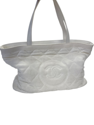 Used White Chanel Authentic Vintage Ivory CC Terry Cloth Beach Bag