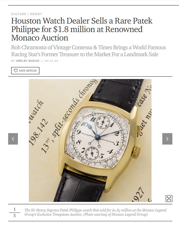 As Seen In Paper City: Houston Watch Dealer Sells A Rare Patek Philippe For $1.8 Million At Renowned Monaco Auction May 13, 2024